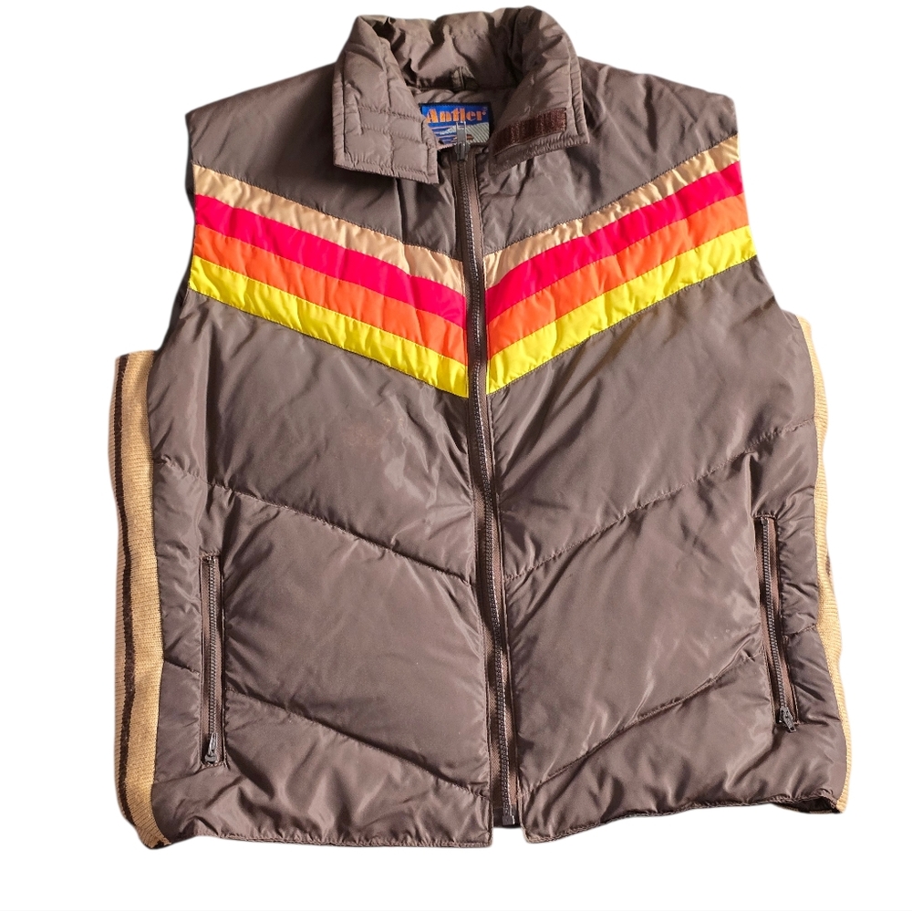Men's Brown Puffer Vest with Multicolor Stripes